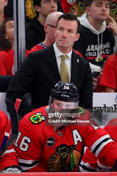 Head coach Luke Richardson of the Chicago Blackhawks looks on against the Montreal Canadiens during the third period at the United Center on December...