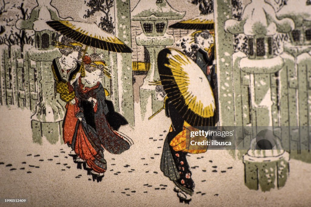Antique Japanese Illustration: Gate of the Shinto Temple, Shi-En-Sha, Kyoto, in winter by Hiroshige I