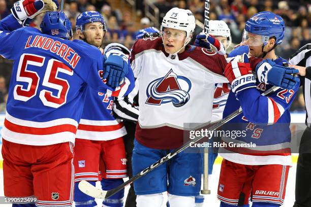 Logan O'Connor of the Colorado Avalanche during the game against the New York Rangers on February 5, 2024 at the Madison Square Garden in New York...