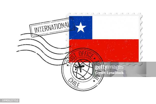 chile grunge postage stamp. vintage postcard vector illustration with chilean national flag isolated on white background. retro style. - postmark stock illustrations