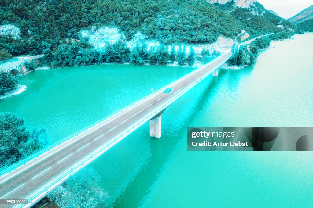 3D render simulation scanning a car driving in elevated road.
