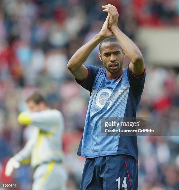 Thierry Henry of Arsenal waves to the Arsenal faithfull during the FA Barclaycard Premiership match between Sunderland and Arsenal on May 11, 2003 at...