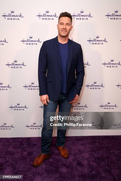 Luke Macfarlane of "CrimeTime: Freefall" attends the Hallmark Media session of the 2024 TCA Winter Press Tour at The Langham Huntington, Pasadena on...