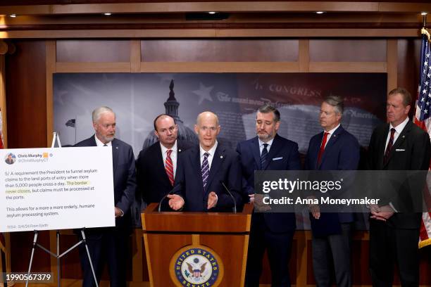 Sen. Rick Scott speaks during a news conference on the U.S. Southern Border at the U.S. Capitol on February 06, 2024 in Washington, DC. Senate...