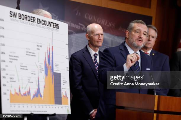 Sen. Ted Cruz speaks during a news conference on the U.S. Southern Border at the U.S. Capitol on February 06, 2024 in Washington, DC. Senate...