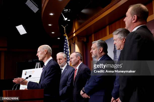 Sen. Rick Scott speaks during a news conference on the U.S. Southern Border at the U.S. Capitol on February 06, 2024 in Washington, DC. Senate...