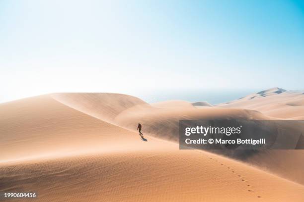 tourist walking on the edge of a sand dune - duna de arena fotografías e imágenes de stock