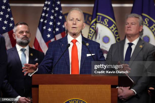 Rep. Jeff Van Drew speaks at a press conference on President Trump's involvement with January 6 at the U.S. Capitol on February 06, 2024 in...