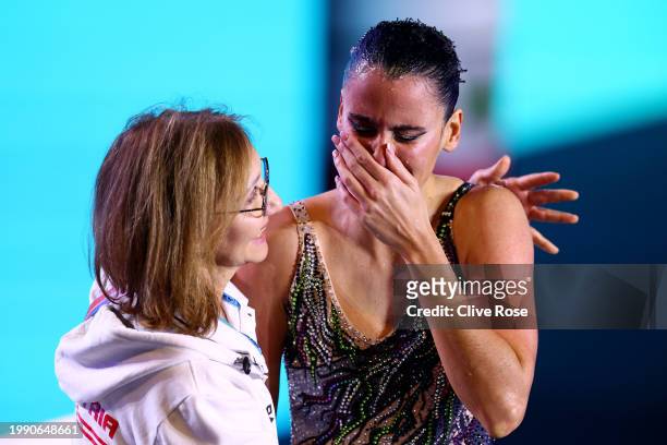 Vasiliki Alexandri of Team Austria reacts after competing in the Women's Solo Free Final on day five of the Doha 2024 World Aquatics Championships at...