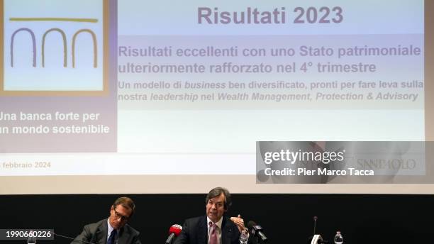 Of Intesa San Paolo Group Carlo Messina attends a presentation of the 2023 financial statement results of the Intesa San Paolo Group on February 06,...