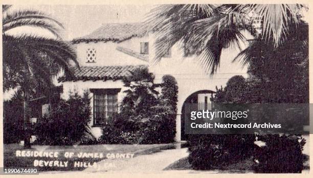 Vintage souvenir postcard published circa 1938 from the Hollywood Homes series, depicting mansions and grand estates of Hollywood movie stars and...