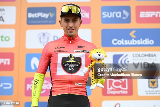 Davide Persico of Italy and Team Bingoal WB celebrates at podium as Red Best Foreigner Jersey winner during the 4th Tour Colombia 2024, Stage 1 a...