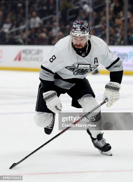 Drew Doughty of the Los Angeles Kings skates back for the puck during a 4-3 loss to the San Jose Sharks at Crypto.com Arena on January 22, 2024 in...