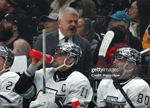 Todd McLellan of the Los Angeles Kings reacts during a 4-3 loss to the San Jose Sharks at Crypto.com Arena on January 22, 2024 in Los Angeles,...