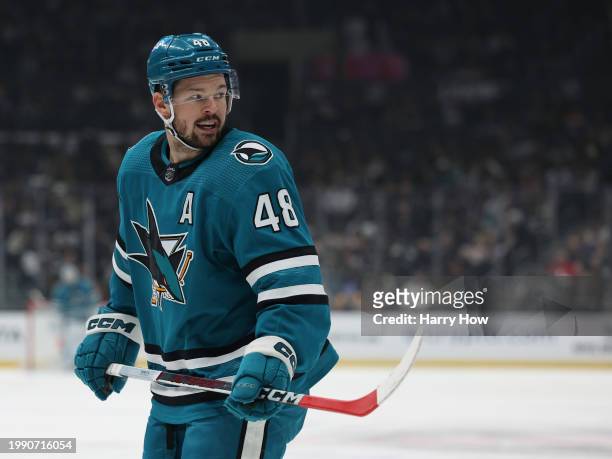 Tomas Hertl of the San Jose Sharks during a 4-3 Sharks win over the Los Angeles Kings at Crypto.com Arena on January 22, 2024 in Los Angeles,...