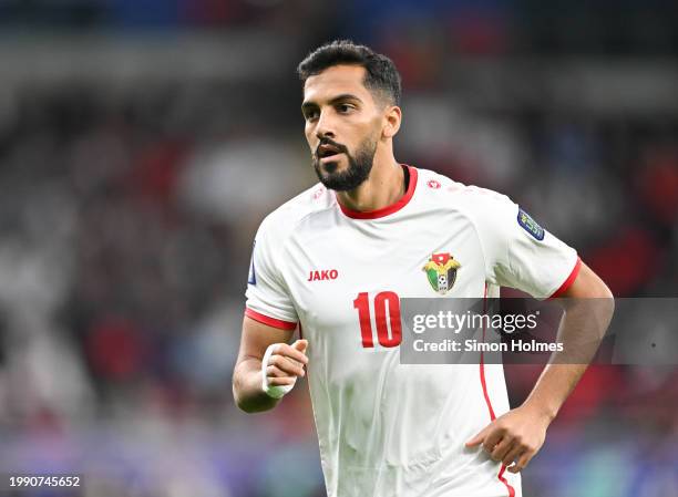 Musa Al-Taamari of Jordan reacts during the AFC Asian Cup semi final match between Jordan and South Korea at Ahmad Bin Ali Stadium on February 06,...