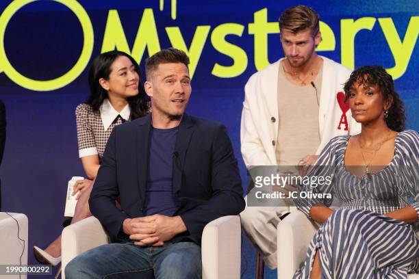 Aimee Garcia, Luke Macfarlane, Danny Griffin and Lyndie Greenwood seen onstage at the Hallmark media presentation of “The Cases of Mystery Lane”...