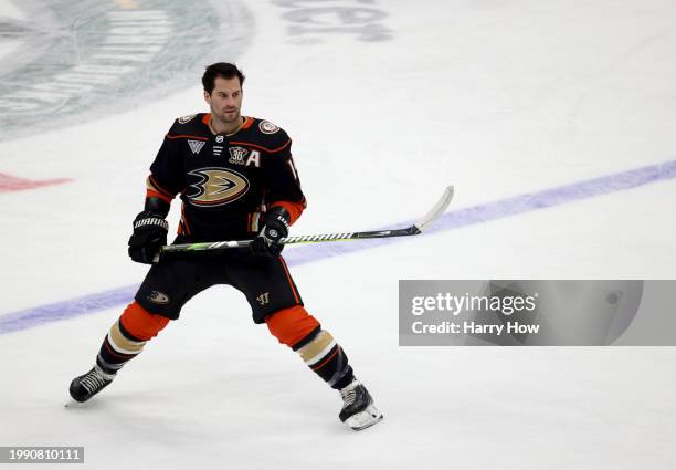 Adam Henrique of the Anaheim Ducks during warm up before the game against the Buffalo Sabres at Honda Center on January 23, 2024 in Anaheim,...