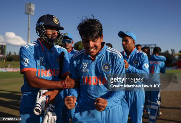 Uday Saharan of India celebrates following the ICC U19 Men's Cricket World Cup South Africa 2024 Semi-Final match between India and South Africa at...