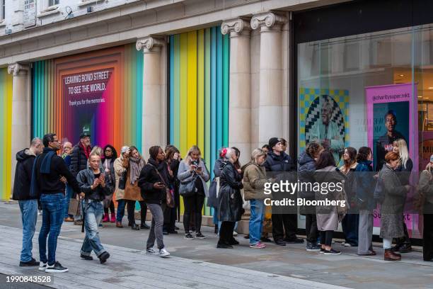 Customers queue ahead of the opening of the pop-up shop Charity Super.Mkt, specialising in second hand clothes, at the now permanently closed Fenwick...