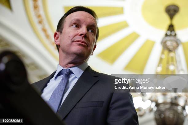 Sen. Chris Murphy speaks at a news conference after a weekly policy luncheon with Senate Democrats at the U.S. Capitol Building on February 06, 2024...
