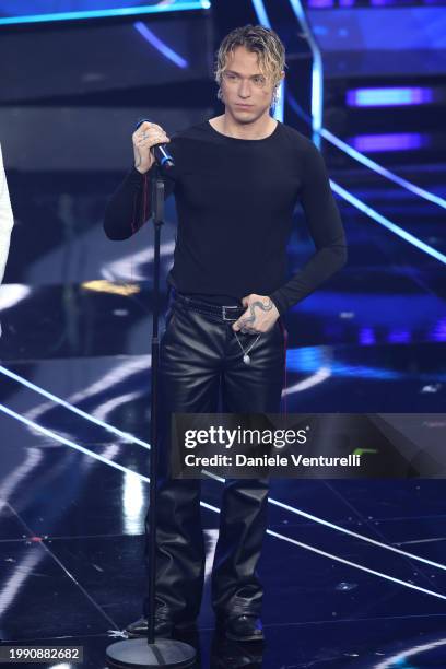 Irama attends the 74th Sanremo Music Festival 2024 at Teatro Ariston on February 06, 2024 in Sanremo, Italy.
