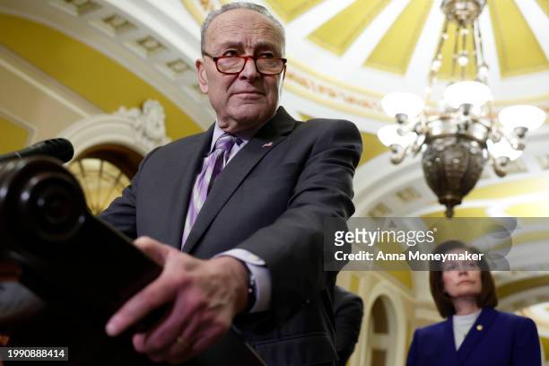 Senate Majority Leader Chuck Schumer speaks at a news conference after a weekly policy luncheon with Senate Democrats at the U.S. Capitol Building on...