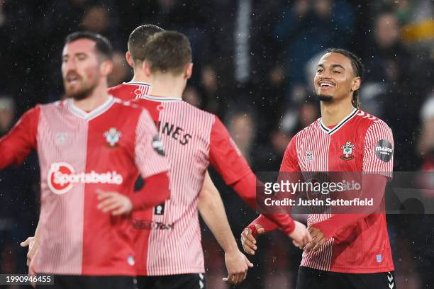 Sekou Mara of Southampton celebrates scoring his team's second goal with teammates during the Emirates FA Cup Fourth Round Replay match between...