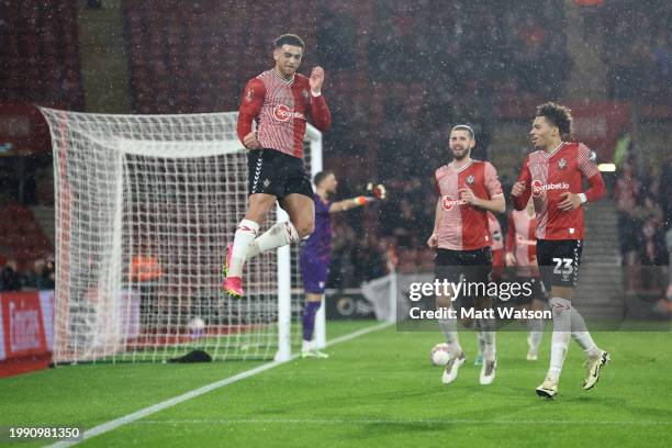 Che Adams of Southampton celebrates after scoring to make it 3-0 during the Emirates FA Cup Fourth Round Replay match between Southampton and Watford...