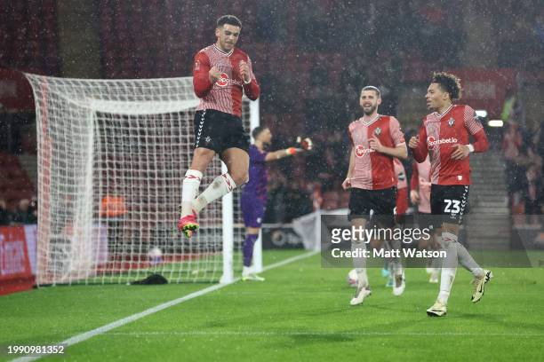Che Adams of Southampton celebrates after scoring to make it 3-0 during the Emirates FA Cup Fourth Round Replay match between Southampton and Watford...