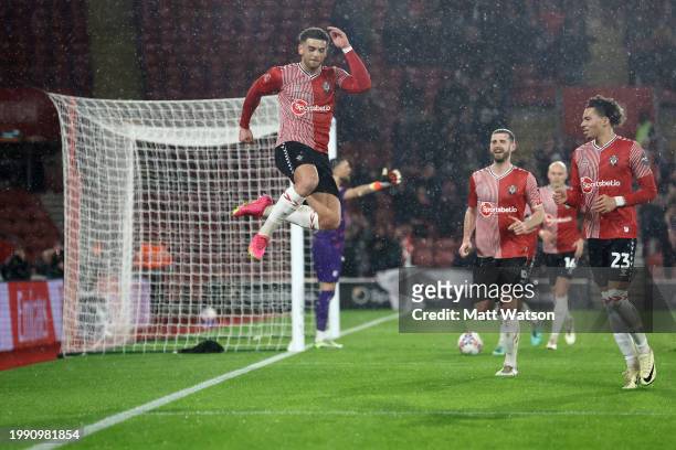 Che Adams of Southampton celebrates after scoring to make it 3-0 during the Emirates FA Cup Fourth Round Replay match between Southampton and Watford...