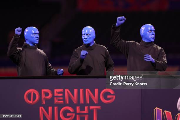 Blue Man Group perform during Super Bowl LVIII Opening Night at Allegiant Stadium on February 5, 2024 in Las Vegas, NV.
