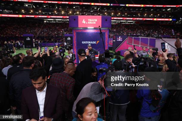 Travis Kelce of the Kansas City Chiefs speaks with the media during Super Bowl LVIII Opening Night at Allegiant Stadium on February 5, 2024 in Las...