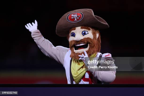 San Francisco 49ers mascot Sourdough Sam performs during Super Bowl LVIII Opening Night at Allegiant Stadium on February 5, 2024 in Las Vegas, NV.