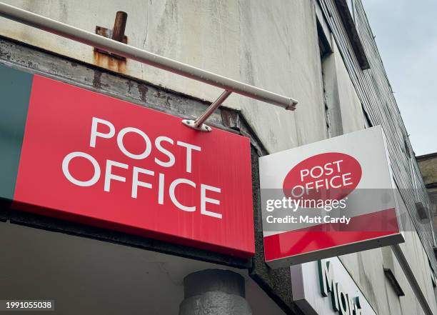 The logo of the Post Office is displayed above a branch on February 17, 2024 in Shepton Mallet, England. The British Prime Minister Rishi Sunak has...