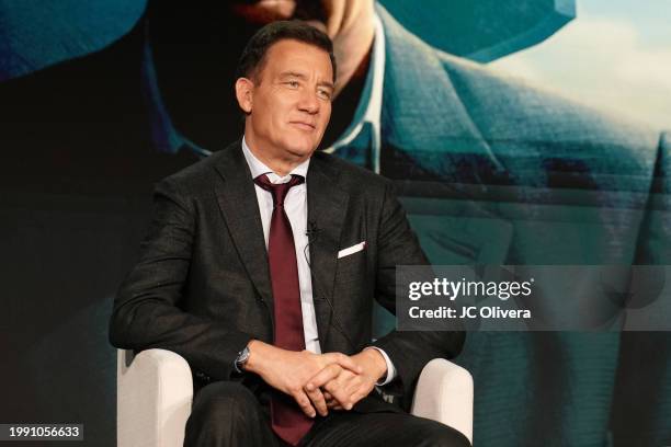 Clive Owen seen onstage at the AMC Networks media presentation of “Monsieur Spade” during the 2024 TCA Winter Press Tour at The Langham Huntington,...