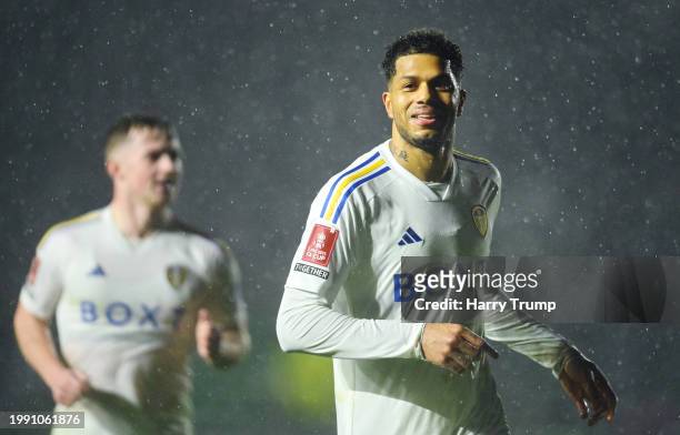 Georginio Rutter of Leeds United celebrates scoring his team's third goal during the Emirates FA Cup Fourth Round Replay match between Plymouth...
