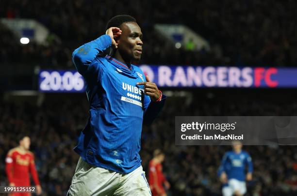 Rabbi Matondo of Rangers celebrates after he scores the opening goal during the Cinch Scottish Premiership match between Rangers FC and Aberdeen at...