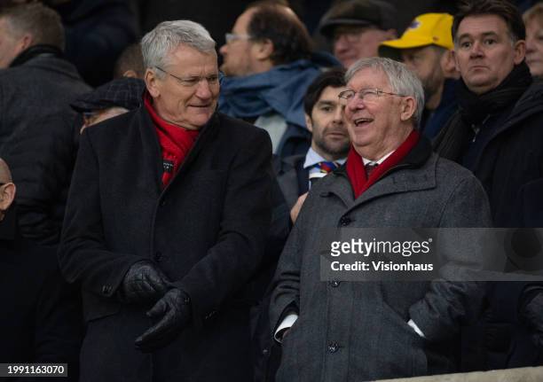 David Gill and Sirt Alex Ferguson in the stands before the Premier League match between Wolverhampton Wanderers and Manchester United at Molineux on...