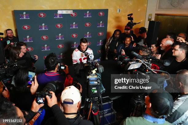 Brock Purdy of the San Francisco 49ers speaks to the media during San Francisco 49ers media availability ahead of Super Bowl LVIII at Hilton Lake Las...