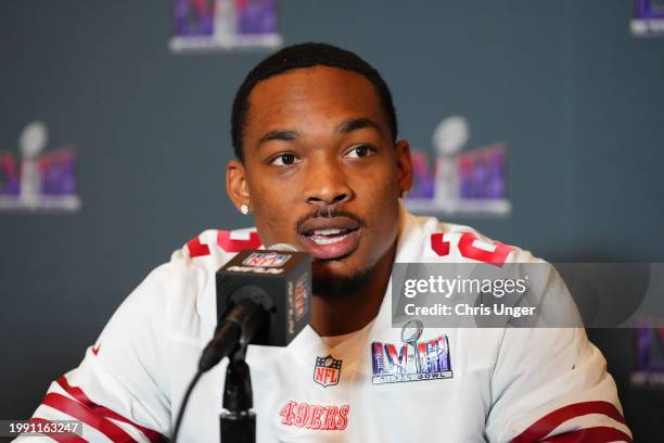 Deommodore Lenoir of the San Francisco 49ers speaks to the media during San Francisco 49ers media availability ahead of Super Bowl LVIII at Hilton...