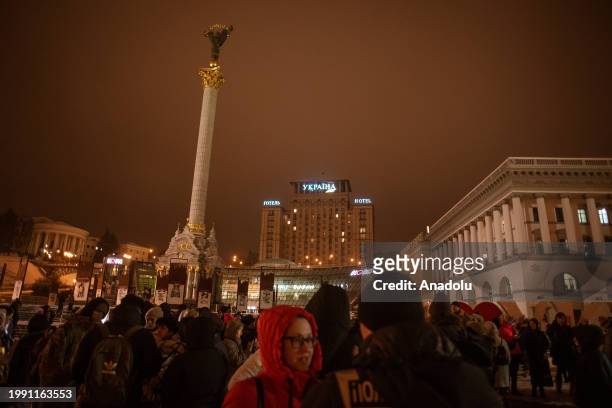 People gather to stage protest against the dismissal dismissal of Ukraine's Commander-in-Chief Valeriy Zaluzhnyi at Independence Square Kyiv, Ukraine...