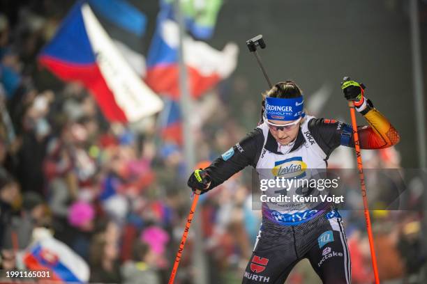 Franziska Preuss of Germany in action during the Women 7.5 km Sprint at the IBU World Championships Biathlon Nove Mesto na Morave on February 9, 2024...