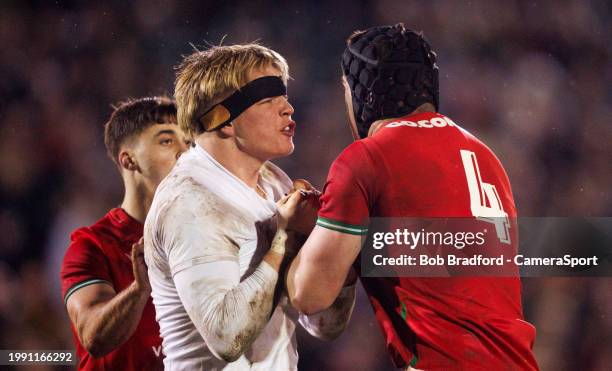 England's Henry Pollock and Wales' Jonny Green argue during the Six Nations Under 20s Championship match between England U20 and Wales U20 at...