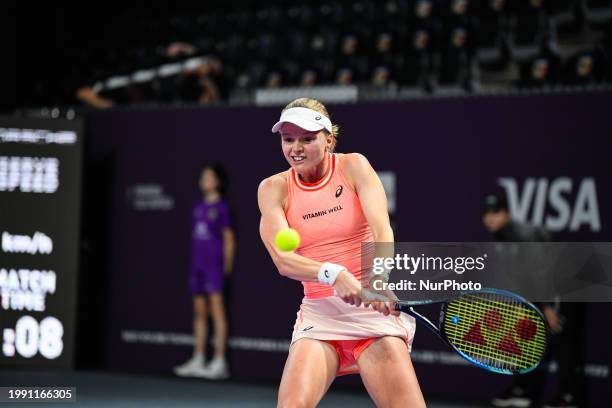 Harriet Dart from England is in action during her match against Nuria Parrizas-Diaz from Spain in the quarterfinals of the Transylvania Open, a...