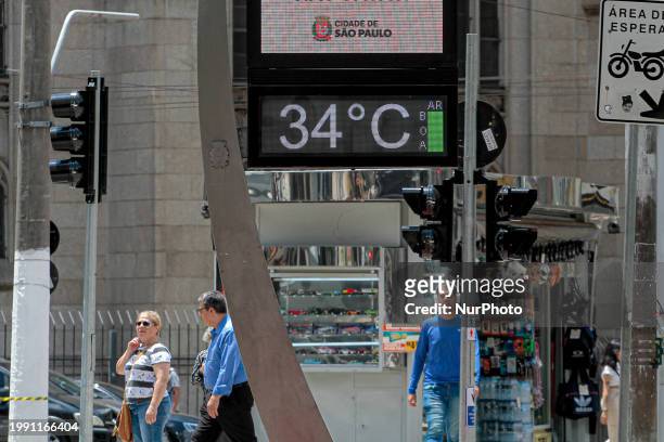Street thermometer is showing 34oC in the central region of Sao Paulo, Brazil, on Friday, February 9.
