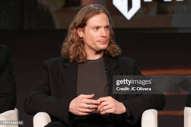 Sam Reid seen onstage at the AMC Networks media presentation of Anne Rice’s “Interview With The Vampire” during the 2024 TCA Winter Press Tour at The...