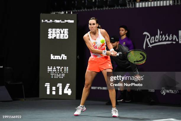 Nuria Parrizas-Diaz of Spain is in action during her match against Harriet Dart of England in the quarterfinals of the Transylvania Open, a WTA250...