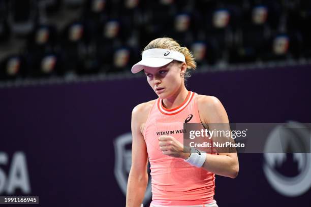 Harriet Dart from England is celebrating after winning a point during her match against Nuria Parrizas-Diaz from Spain in the quarterfinals of the...