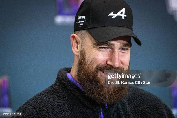 Kansas City Chiefs tight end Travis Kelce smiles as he answers questions during the media availability at the team hotel in Henderson, Nevada, on...